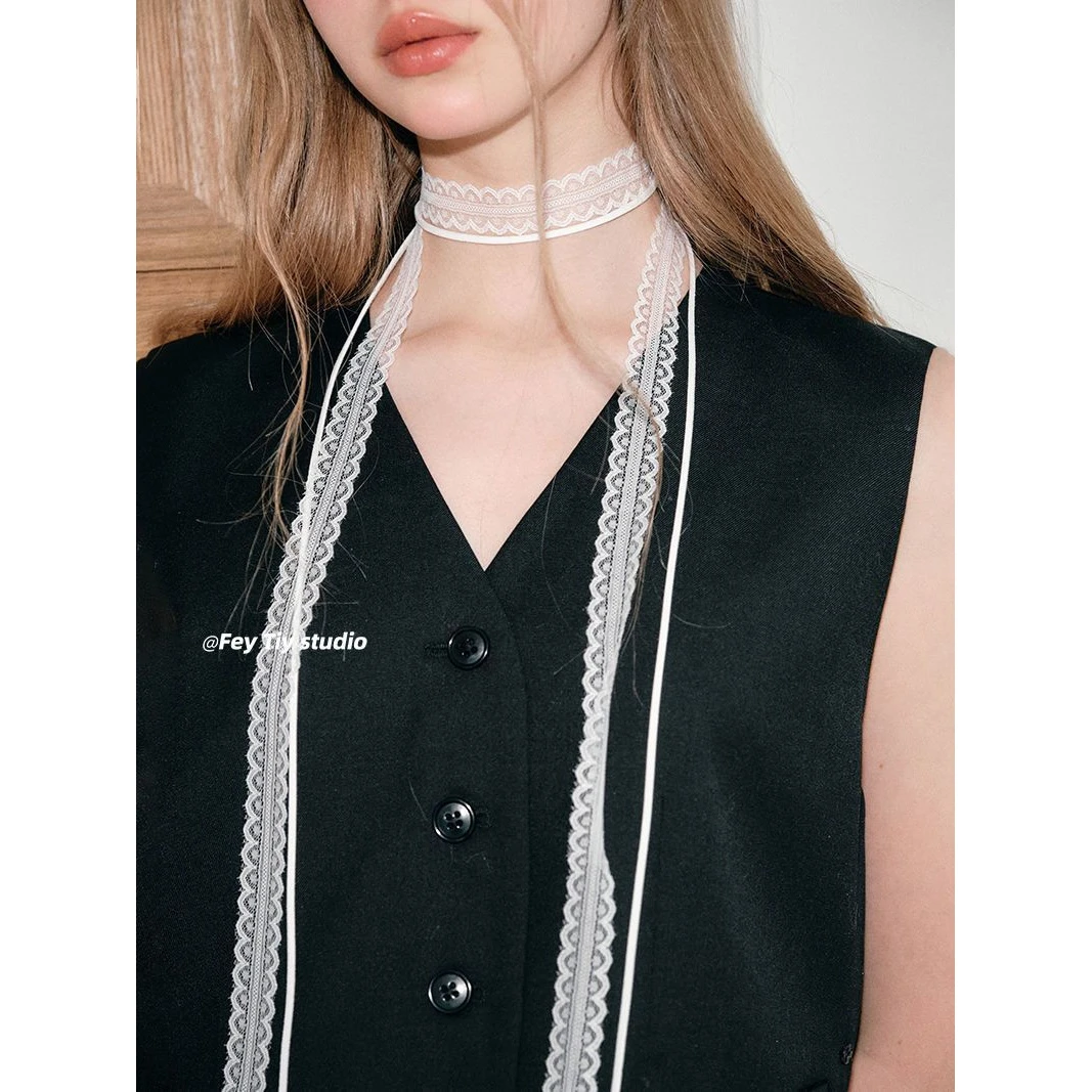 feytiy 叠戴层次感设计蕾丝飘带细窄女春夏百搭锁骨颈带丝巾项链