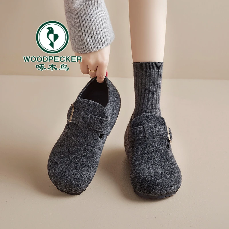 啄木鸟毛呢全包勃肯鞋女2025秋冬新款灰色博肯鞋子一脚蹬软底单鞋