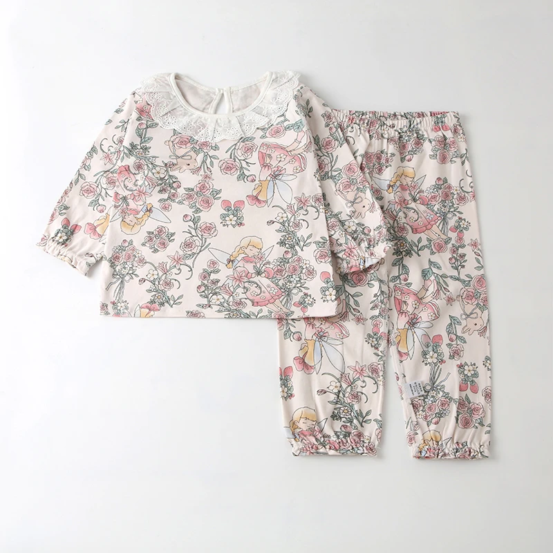 【W-765】婴幼儿内穿居家服棉毛花边睡衣领满印分体套无骨套装