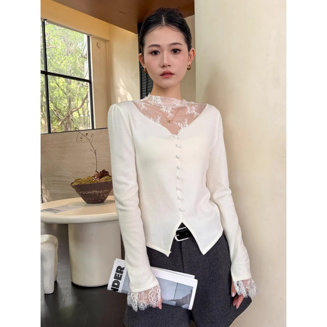 半高领白色打底衫女内搭秋冬装蕾丝拼接磨毛长袖t恤温柔上衣外穿
