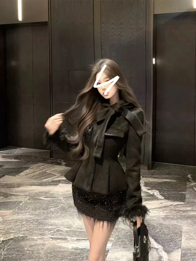 大码气质名媛蝴蝶结绑带收腰上衣亮片流苏包臀半裙套装-7607