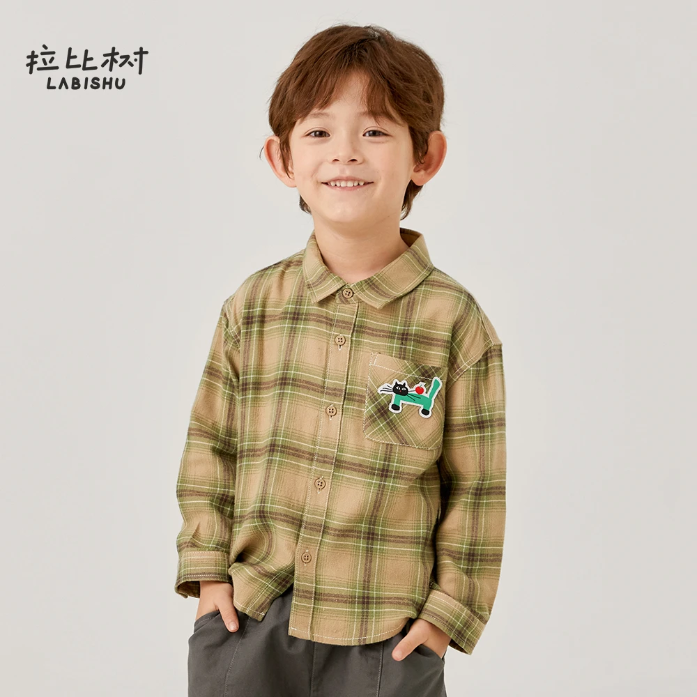 拉比树2025春季新款时尚舒适百搭衬衣男童休闲格子翻领衬衫上衣潮