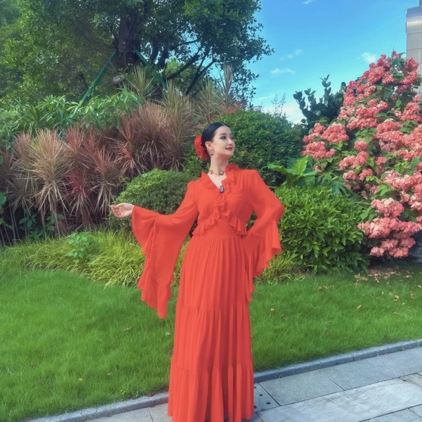 G&PARI（红玫瑰）夏季时尚名媛风仙气收腰显瘦大摆雪纺连衣裙