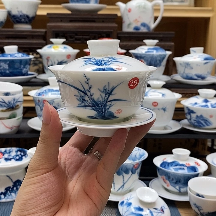 手绘兰花150盖碗釉下彩高温瓷微瑕福利款