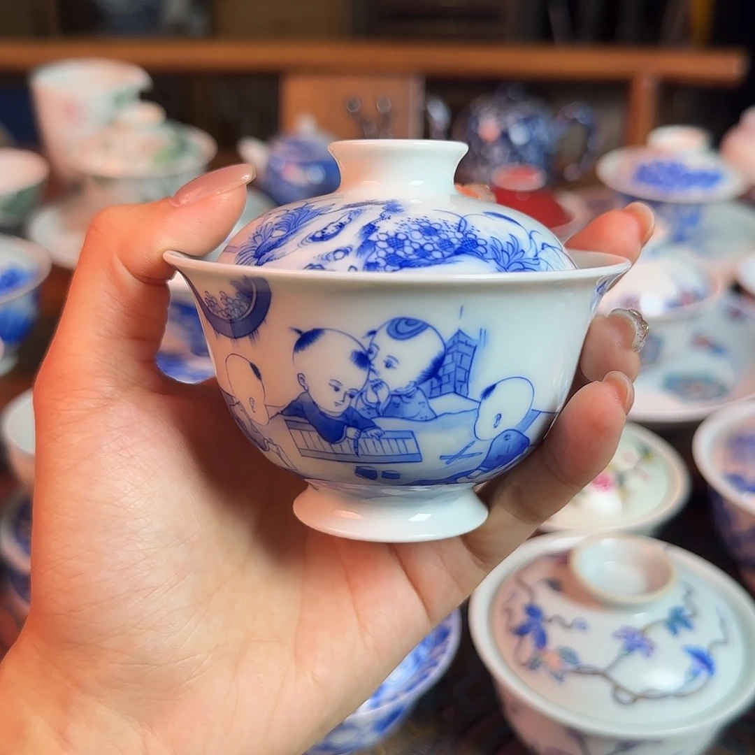 重工童子盖碗纯手绘