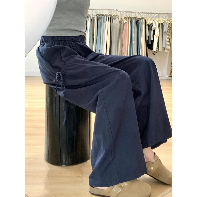 设计感蝴蝶结阔腿工装裤女2025夏季薄款高腰松紧腰宽松速干休闲裤