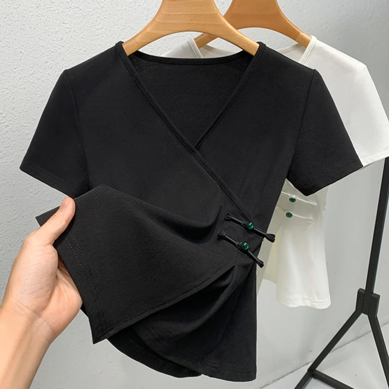 新中式盘扣V领短袖T恤女夏季中国风不规则洋气修身显瘦打底上衣潮
