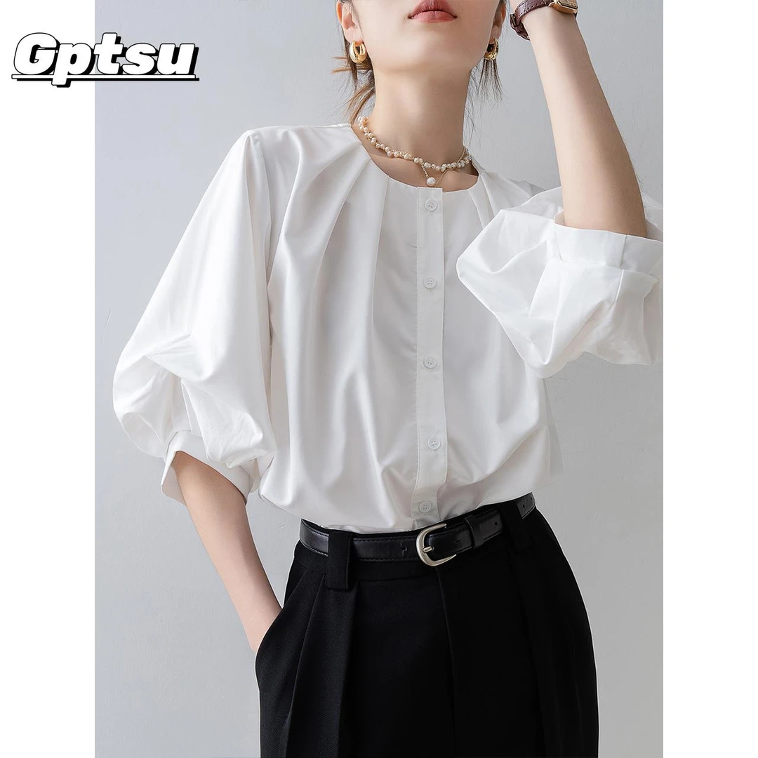 GPTSu法式复古泡泡袖白衬衫女装夏季宽松圆领上衣设计感小众衬衣