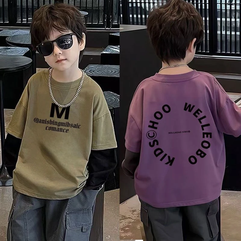 穿不腻~时髦儿童秋季洋气印花长袖T恤纯棉男宝宝百搭假两件上衣潮