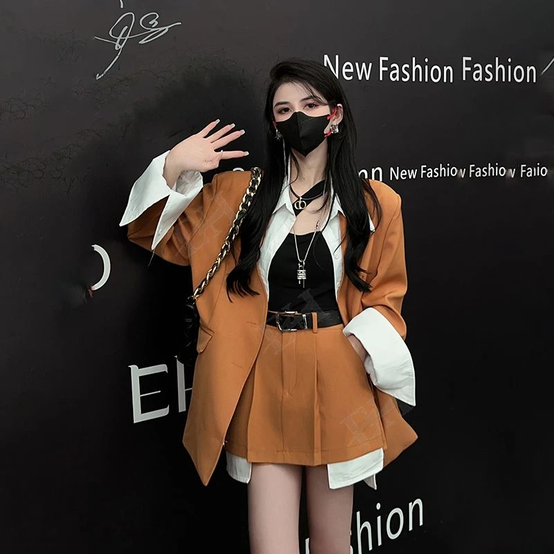 韩版2025新款拼接西装外套+配腰带裙裤时尚套装设计感小众上衣
