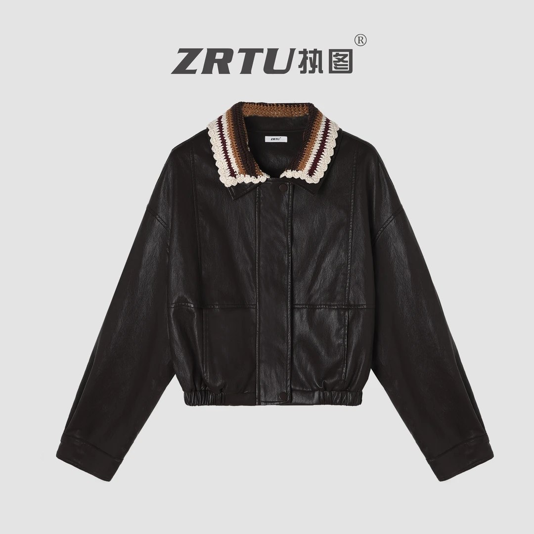ZRTU/执图复古钩花领皮衣外套女2025秋新款PU皮夹克短款上衣