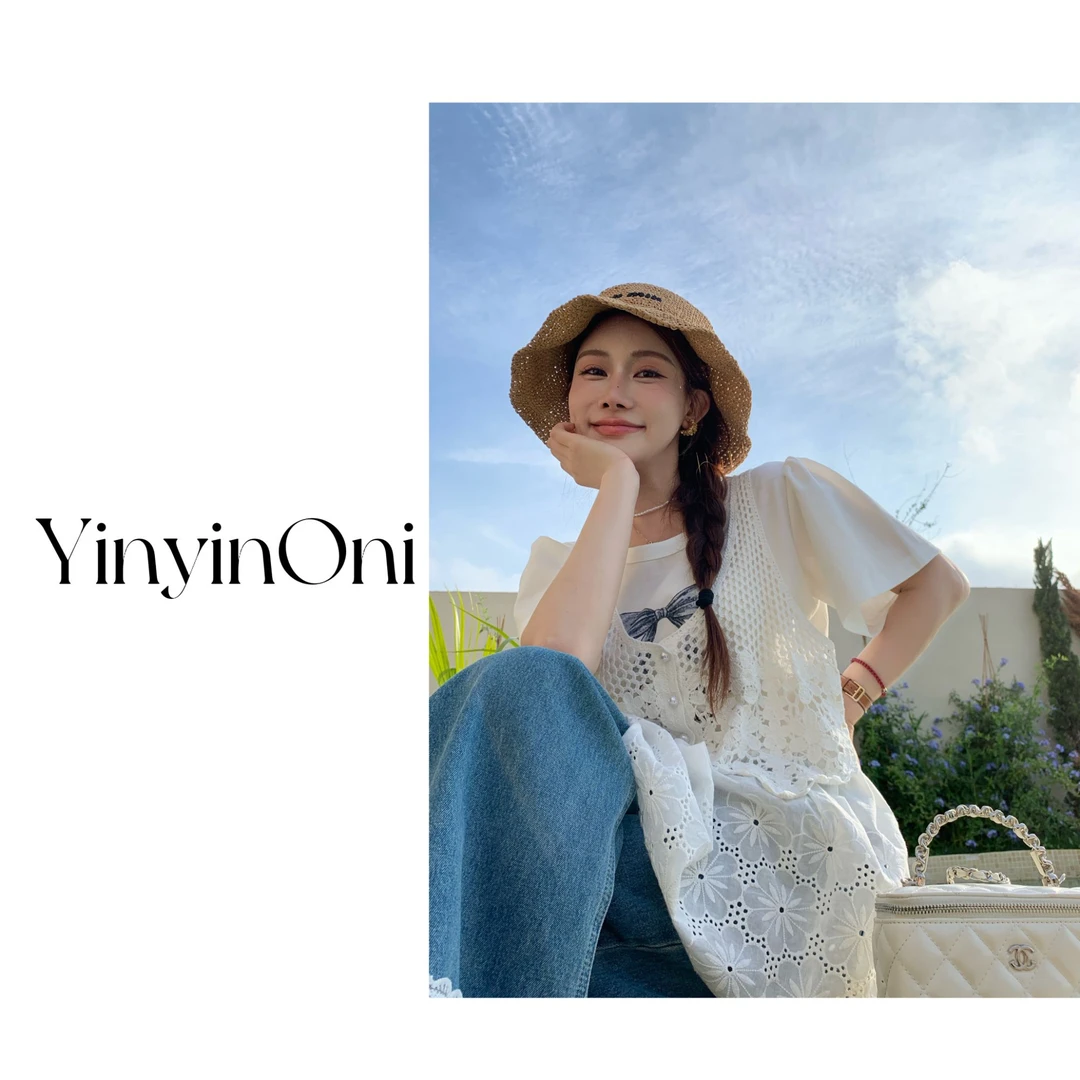 茵茵欧尼（月光山泉）甜美纯色短袖T恤 钩花拼蕾丝背心马夹韩版套装