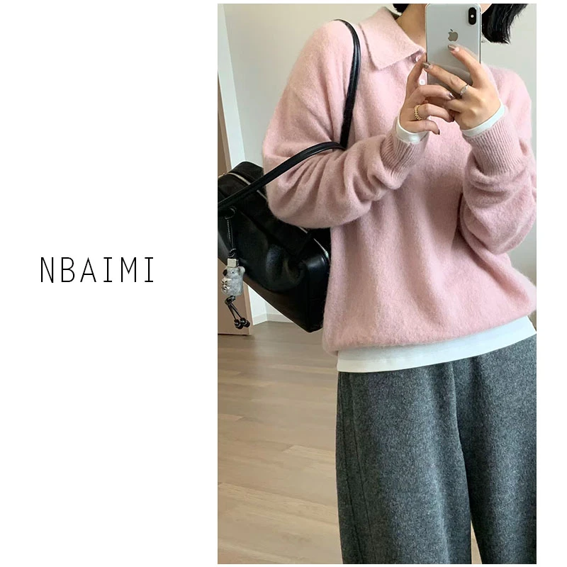 小粉 氛围感马海毛polo领毛衣秋冬宽松慵懒保暖套头羊毛毛衣女