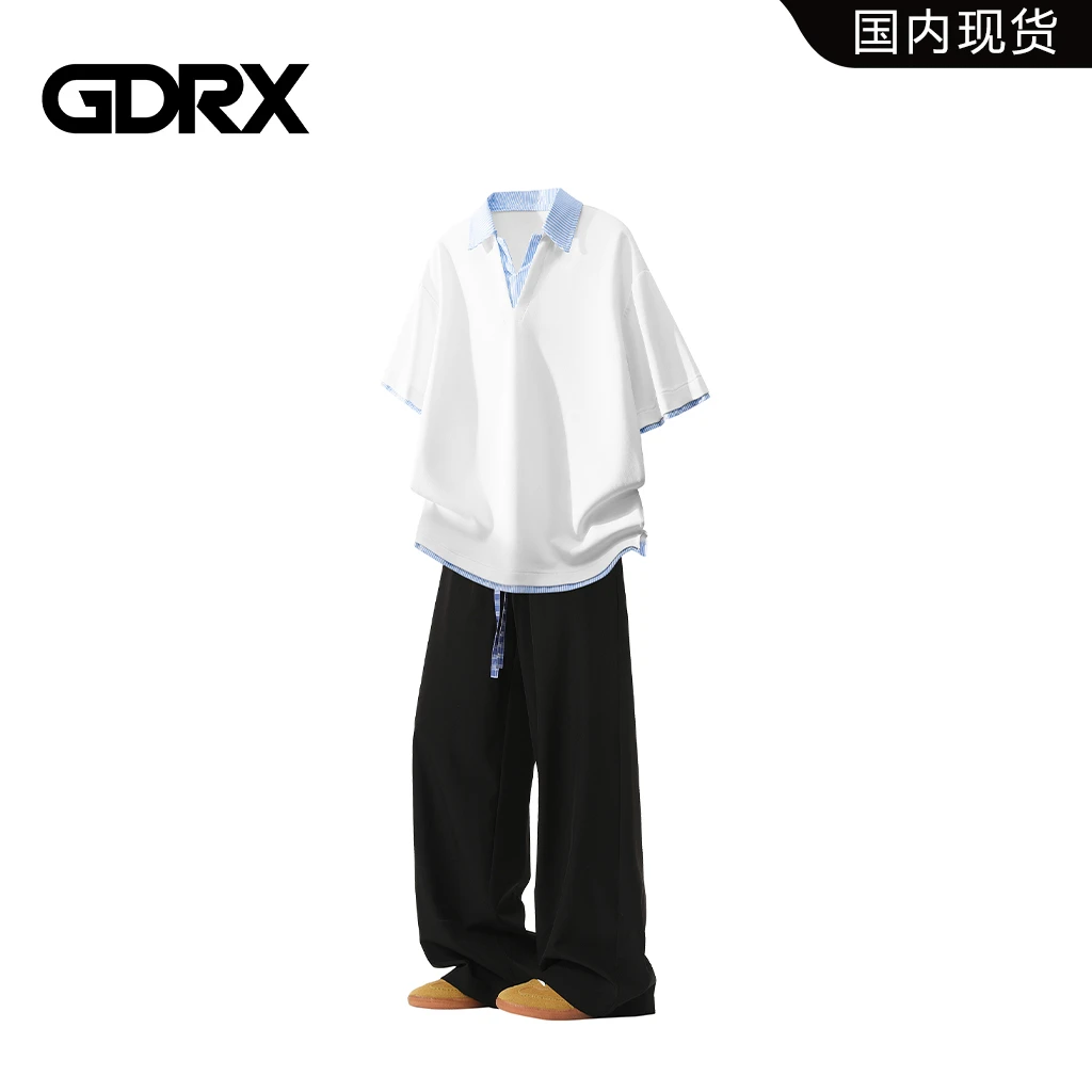 GDRX假两件短袖套装男夏季潮牌撞色宽松休闲两件套轻奢高级感男装