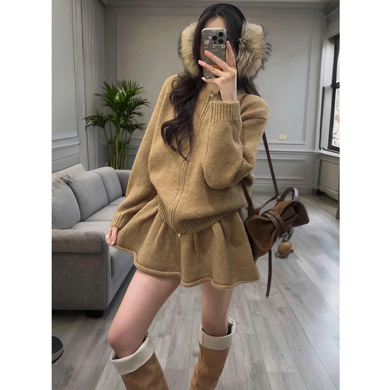 韩系气质美拉德穿搭一整套秋冬新款针织开衫外套高腰短裙两件套