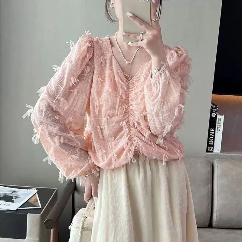 XYG04# 很仙的法式V领长袖甜美别致小衫上衣