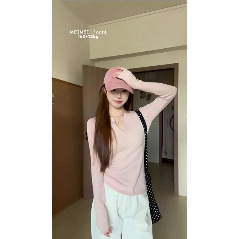 粉色薄款长袖镂空针织衫上衣女春季美式复古透气圆领罩衫毛衣套装