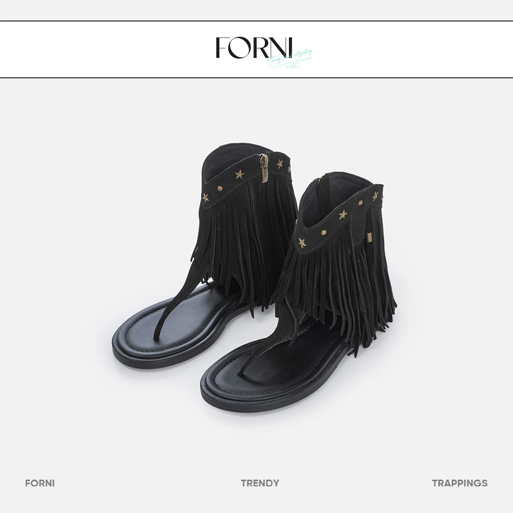 FORNI 原野守护者 牛剖层皮革铆钉流苏凉鞋女士夏季时尚