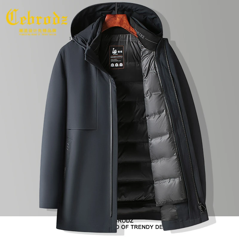 法国Cebrodz男士商务羽绒服中年爸爸装中长款加厚加绒外套风衣男