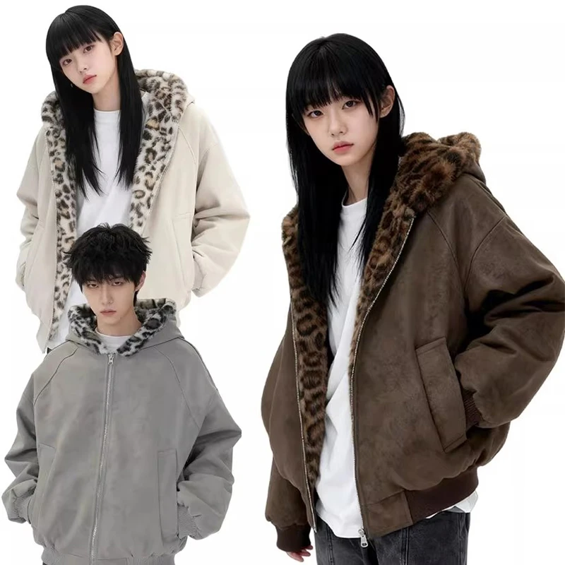 美式豹纹双面穿pu皮连帽短款棉服男女冬季加绒加厚保暖棉衣外套潮