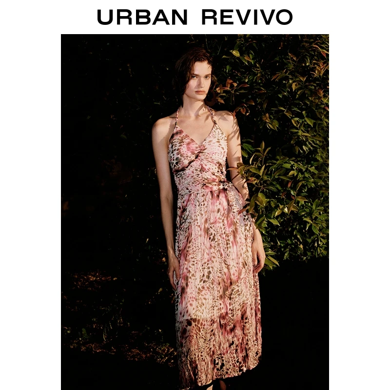 UR2025夏季新款女装波嬉风碎花褶皱收腰挂脖连衣裙UWH750035