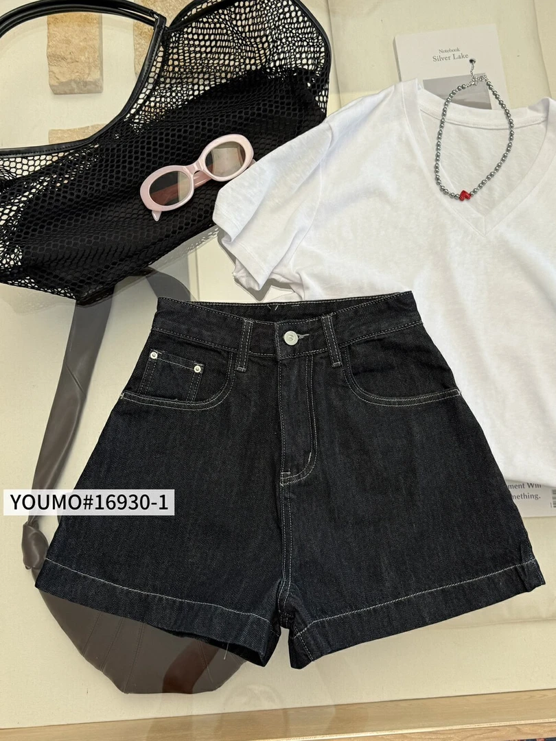 百搭时尚风宽松花苞图案短裤水洗高级黑灰色牛仔短裤