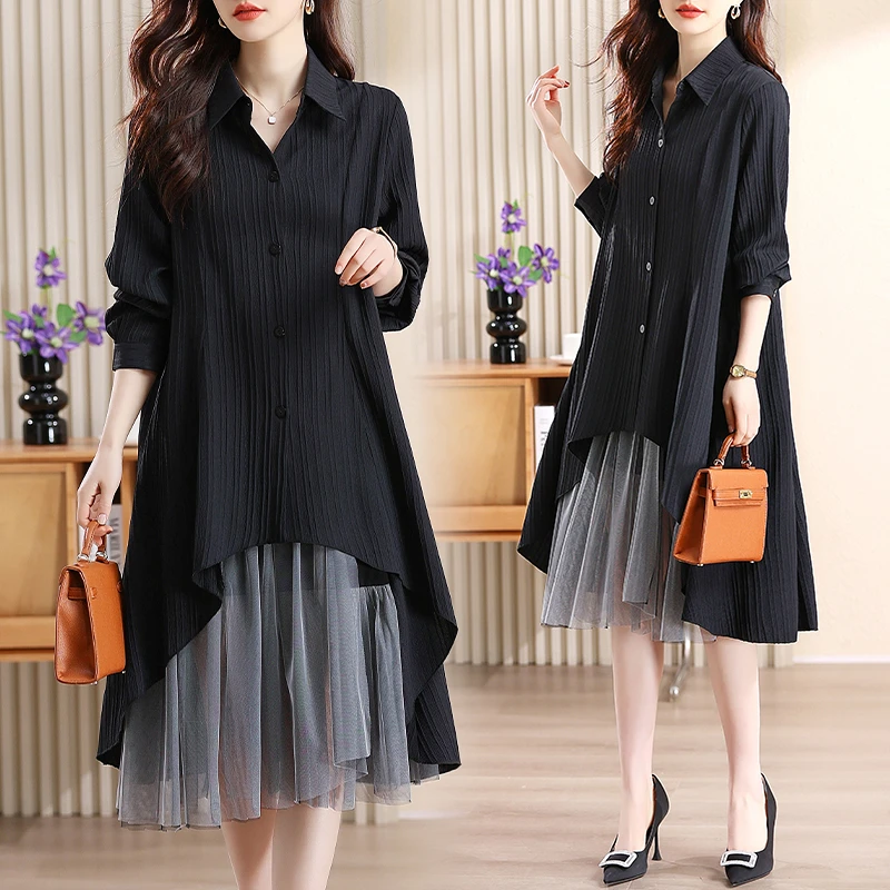 2025秋装新款套装裙胖妹妹宽松显瘦遮肚大码女装衬衣吊带裙两件套