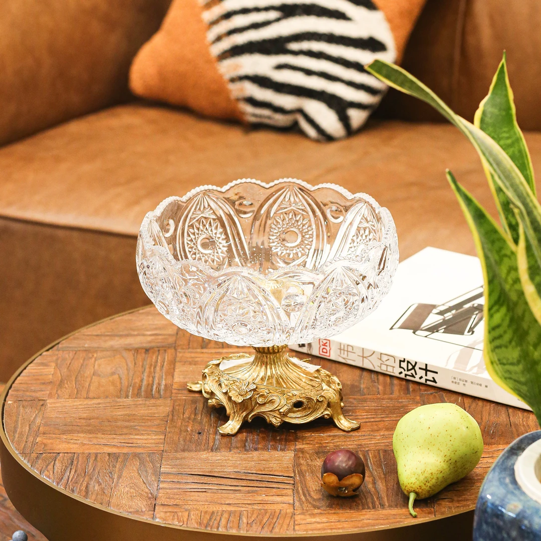 【BENNY本尼家】GY93铜镶水晶玻璃家用果盘水果收纳桌面艺术品摆件