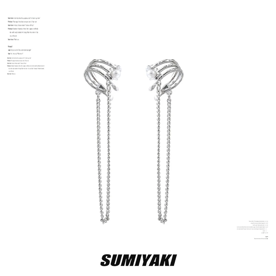 铜合金合成锆石耳饰 SUMIYAKI  珍珠流苏不对称耳夹无耳洞女耳饰