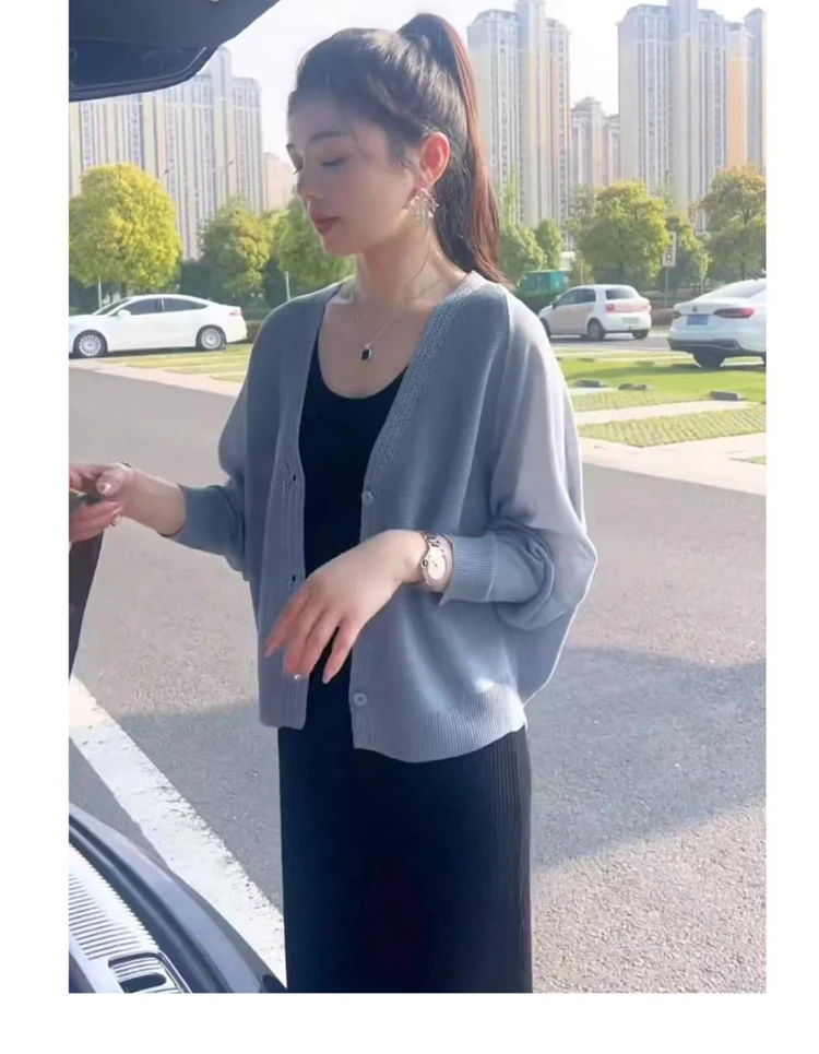 爆款冰丝长袖开衫2025宽松防晒薄款显身材透气外搭大码气质针织衫