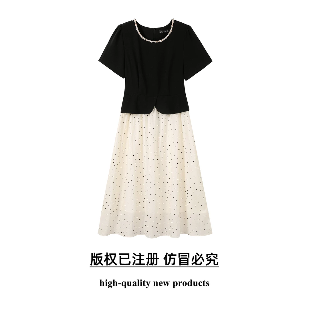 奢姿大码女装2025夏季减龄钉珠波点假两件连衣裙胖妹妹时尚裙子