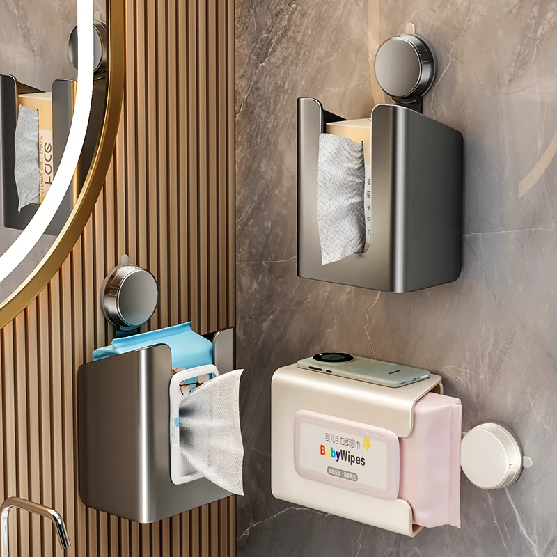 吸盘纸巾盒化妆室壁挂式洗脸巾收纳盒厕所免打孔卫生纸盒湿巾卷筒