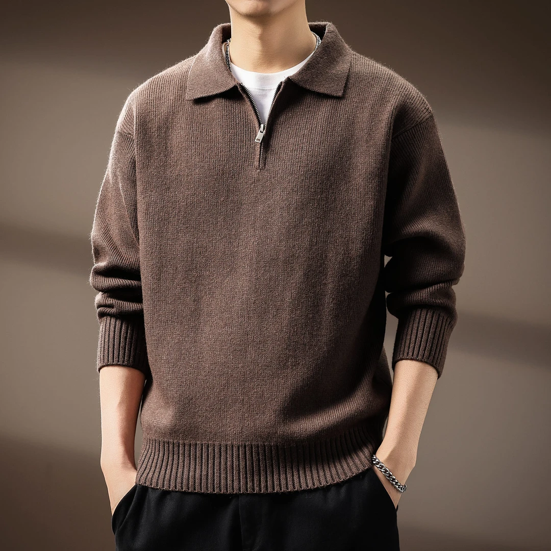 高端810g重磅半拉链男士针织衫秋冬新款保暖加厚麦穗纹理翻领毛衣