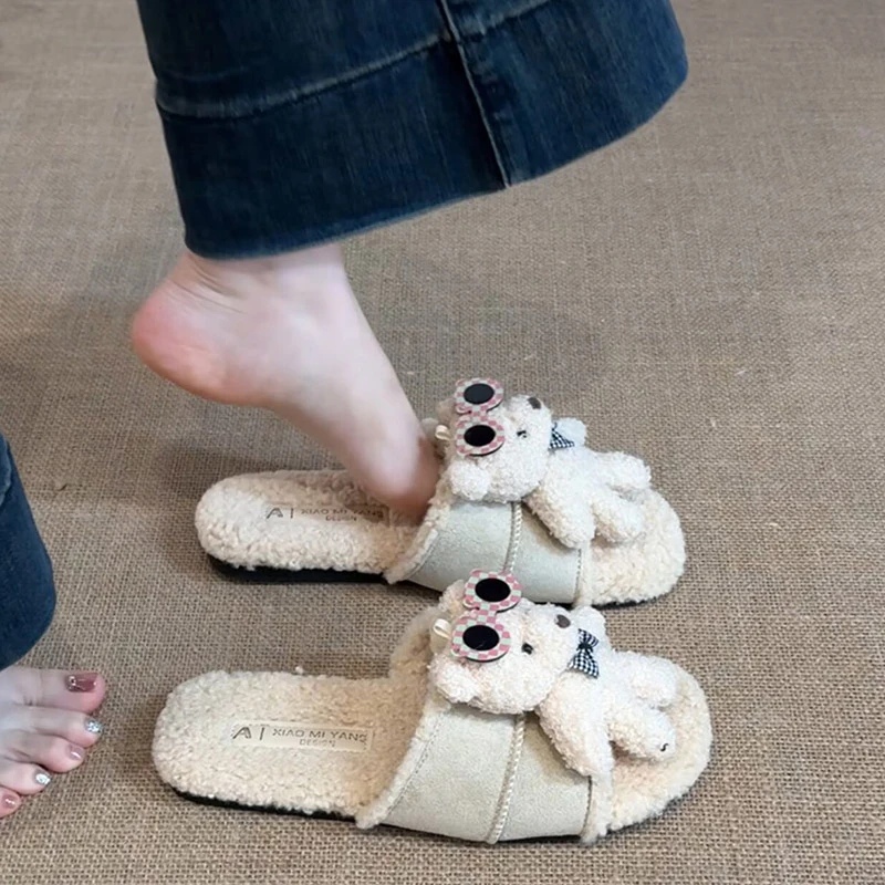 时尚爆款卡通立体小熊毛毛鞋女2025秋冬季新款外穿百搭一字棉拖鞋