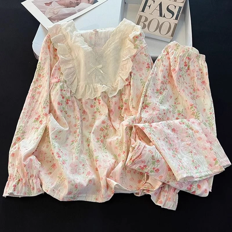 新款云朵棉春秋季睡衣女士甜美公主风花边少女长袖长裤家居服套装