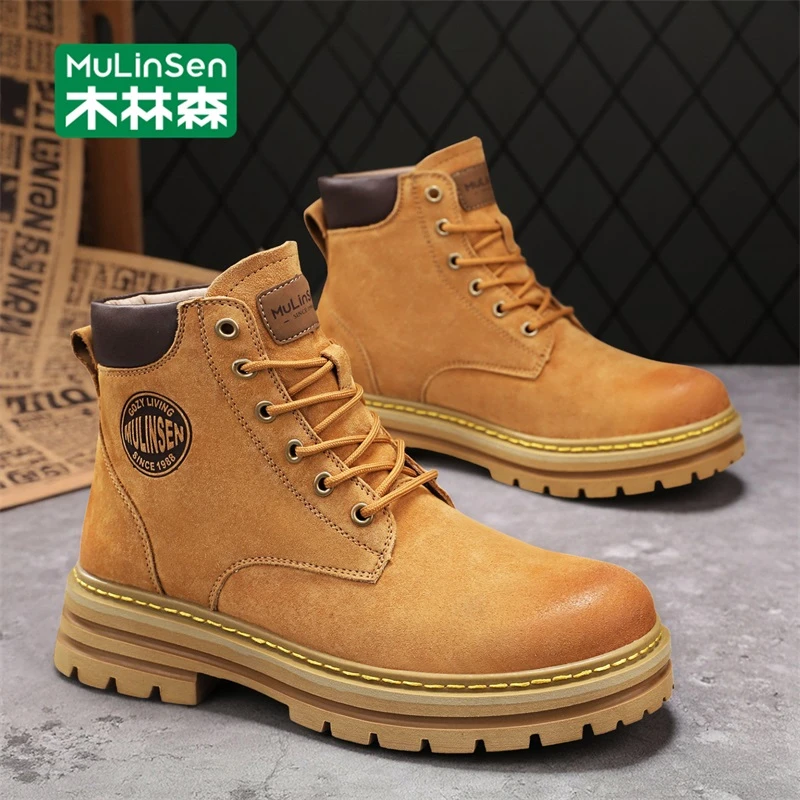 木林森马丁靴男春秋户外高帮沙漠男工装靴登山运动休闲徒步大黄靴