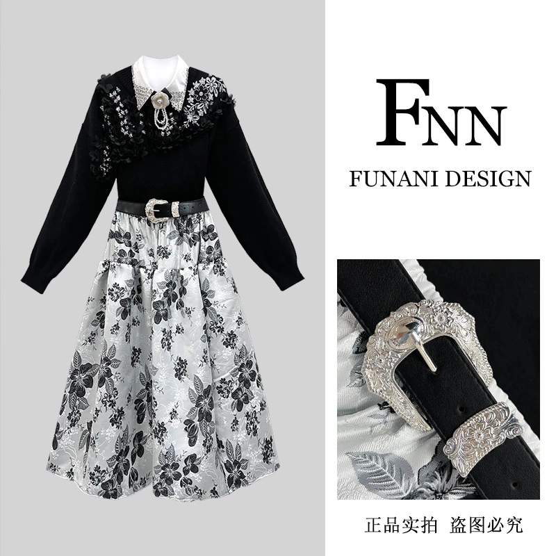 芙娜妮法式圆领秋季新款时尚气质女设计感小众长袖两件套F2432003