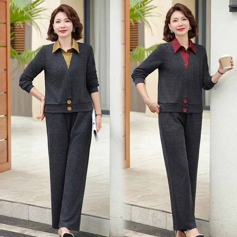妈妈洋气减龄2025春季新款假两件上衣直筒裤气质两件套时尚套装女