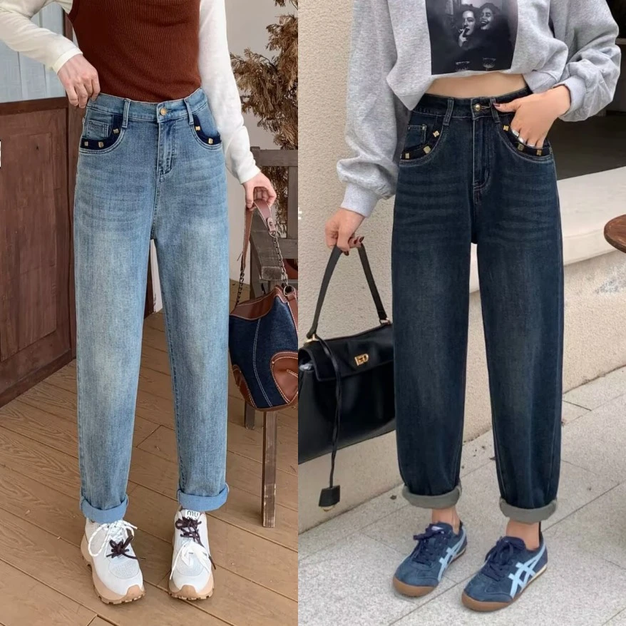 【琦琦】110-200斤大码女装春装百搭时尚显瘦牛仔裤哈伦裤老爹裤