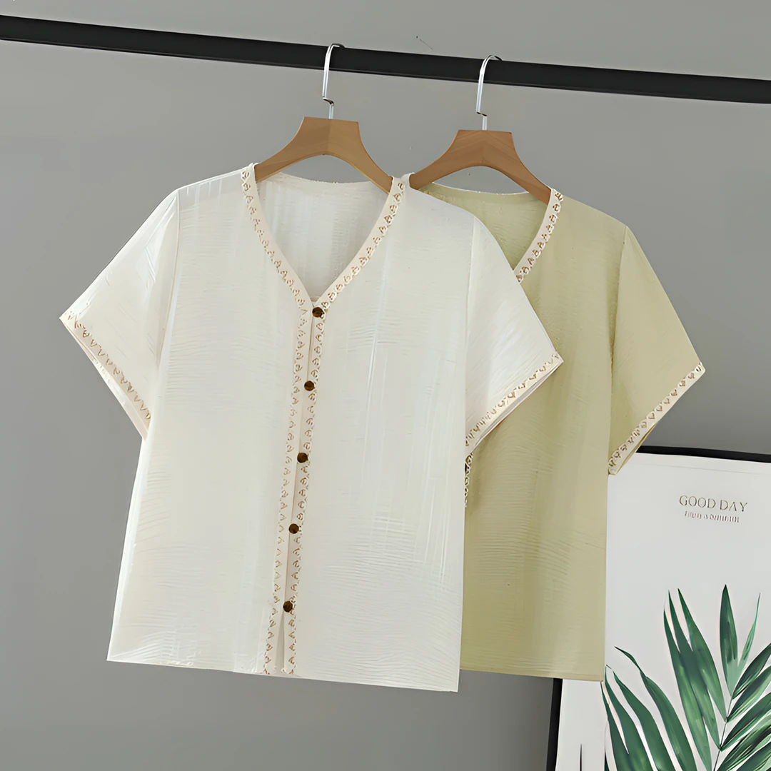 2025新款胖mm女装夏装国风上衣大码棉麻刺绣新中式短袖V领女衬衫