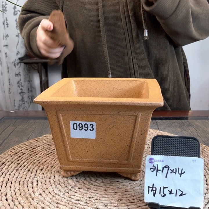 紫砂花盆柴烧窗面云角四方0993
