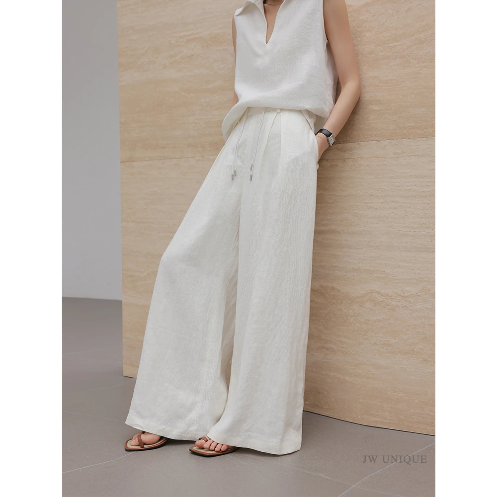 酒窝定制 米白色时尚套装女2025夏季新款无袖上衣阔腿长裤两件套