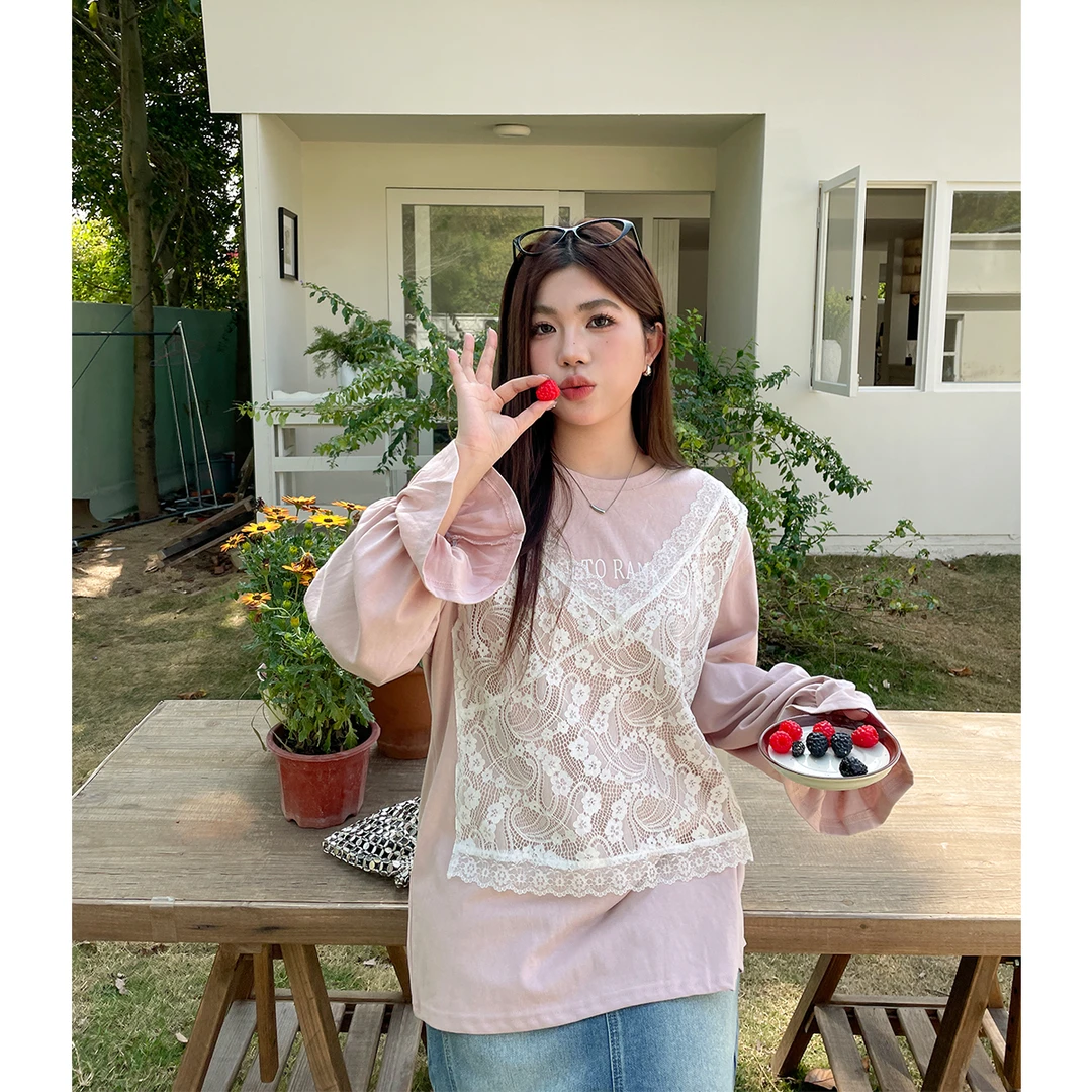 春款2025新款女装洋气独特别致上衣大码胖mm假两件蕾丝喇叭袖t恤