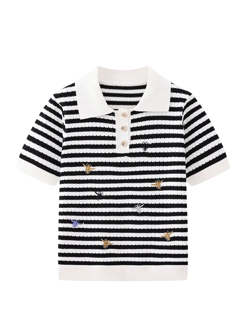 5280新款小蜜蜂镂空条纹针织衫女夏小个子修身显瘦短袖Polo领上衣