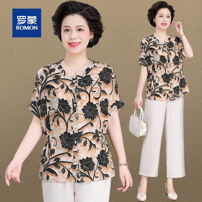 罗蒙时尚休闲碎花短袖妈妈套装女夏季新款洋气宽松中老年人小衫