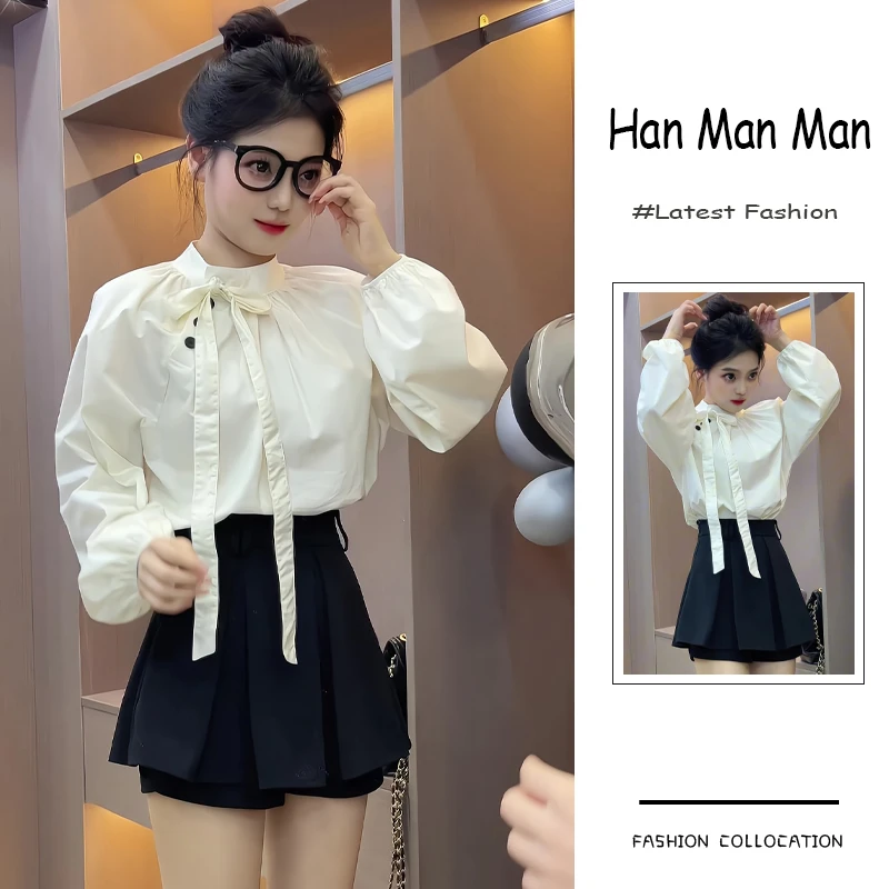 春季流行穿搭套装新款2025韩系轻奢设计感圆领衬衫高腰裤裙两件套