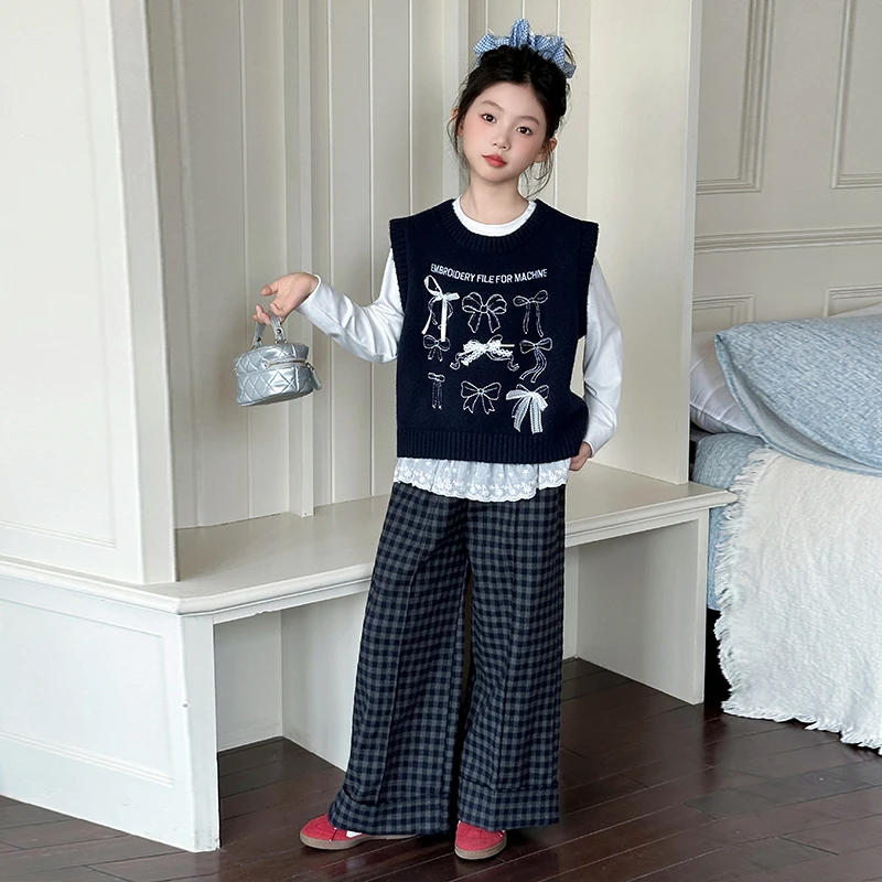 女童秋套装新款女大童学院风针织马甲秋冬三件女童秋款套装穿搭