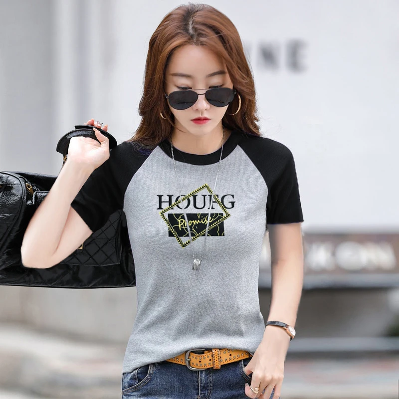 2025夏季修身圆领显瘦插肩短袖T恤女时尚印花百搭垂感休闲上衣潮
