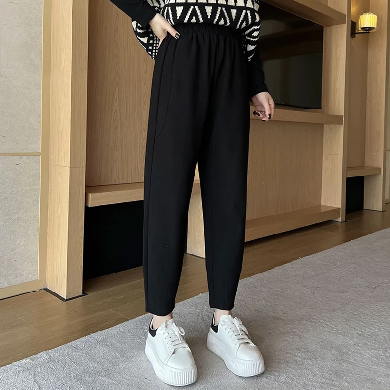 黑色加绒直筒裤女2025秋冬新款宽松百搭哈伦休闲锥形裤女外穿显瘦