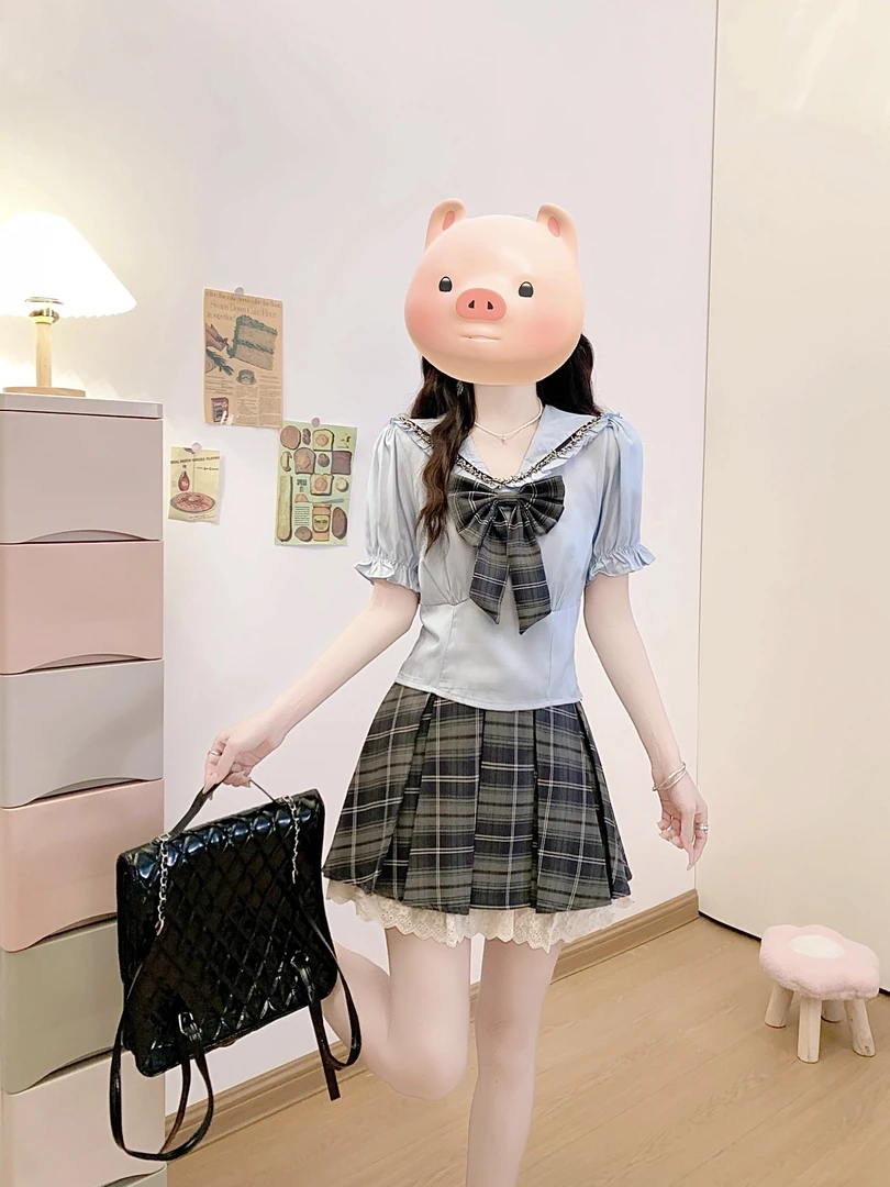 【海盐天空】胖mm英伦学院风蝴蝶结海军领衬衫格纹百褶半裙两件套女